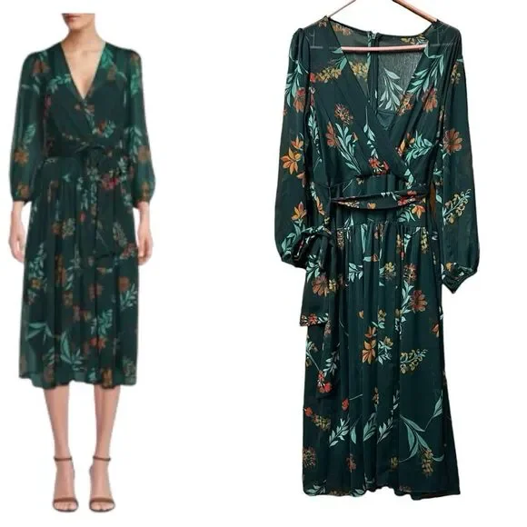 Calvin Klein green floral dress size medium women chiffon with belt